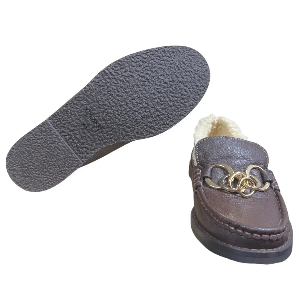 Odissi Brown Leather Faux Fur Lined Loafer Gold Hardware Made Spain Size 10 NWOB